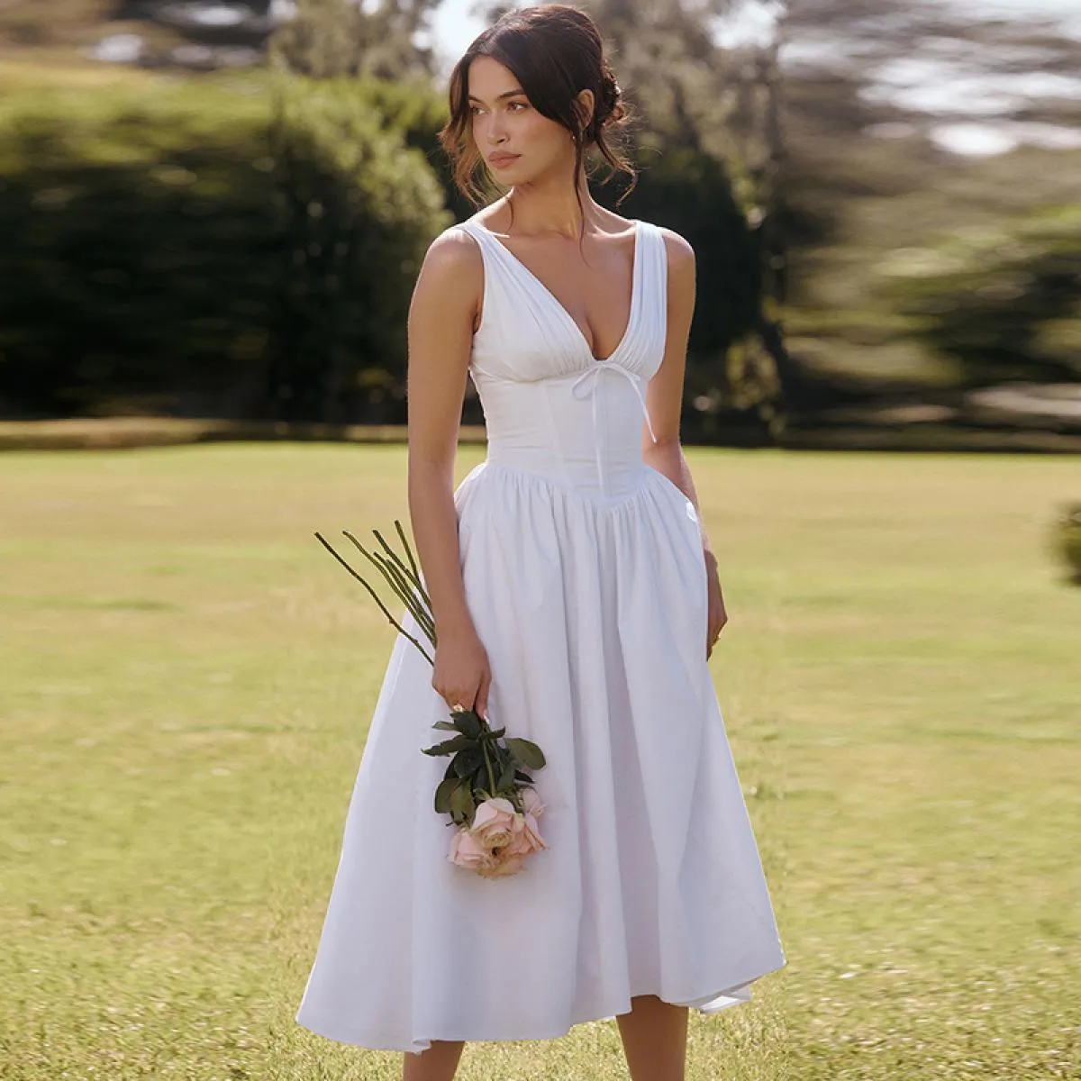 Abiti da ballo bianchi con scollo a V senza maniche con fiocco senza schienale A-line abito lungo midi da donna elegante abito d