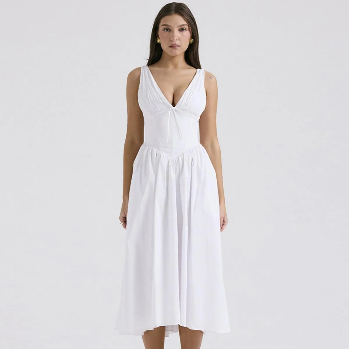 Abiti da ballo bianchi con scollo a V senza maniche con fiocco senza schienale A-line abito lungo midi da donna elegante abito d