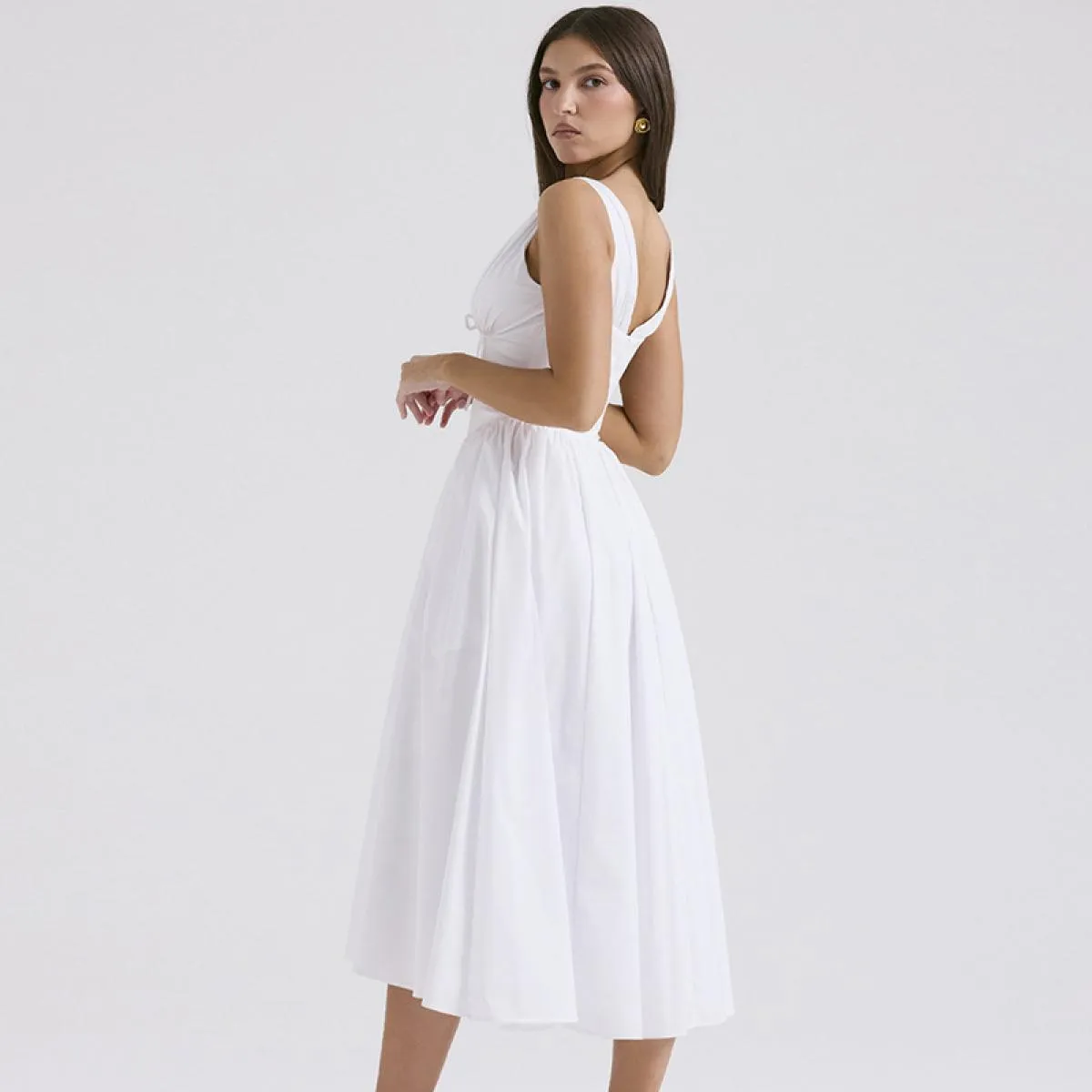Abiti da ballo bianchi con scollo a V senza maniche con fiocco senza schienale A-line abito lungo midi da donna elegante abito d