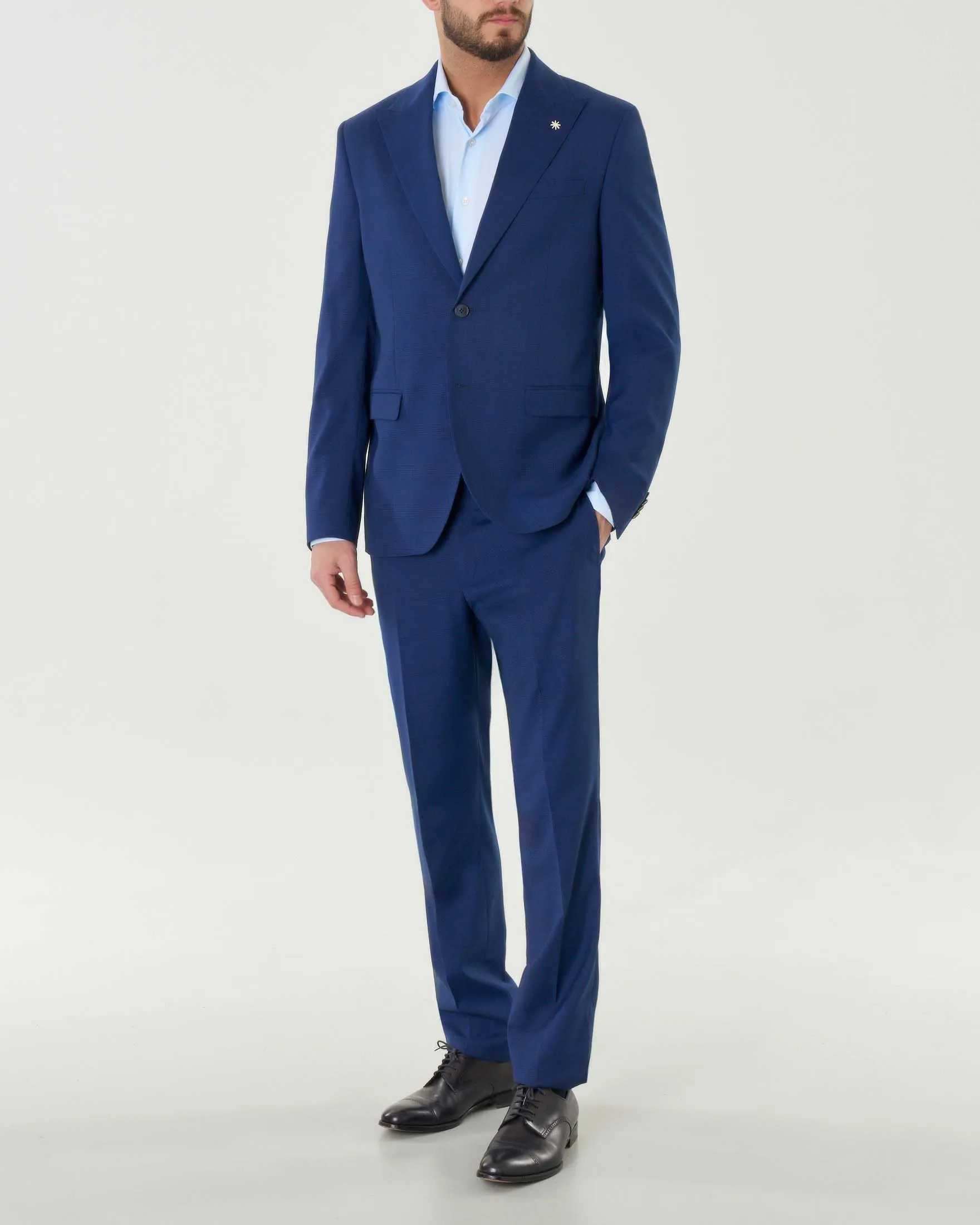 Abito blu indaco in misto viscosa stretch principe di Galles con rever a lancia