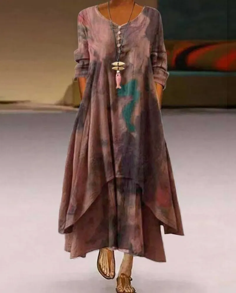 Abito casual a maniche lunghe da donna Primavera Estate 2022 Abito da spiaggia con scollo a V Irregolare Abito lungo elegante co