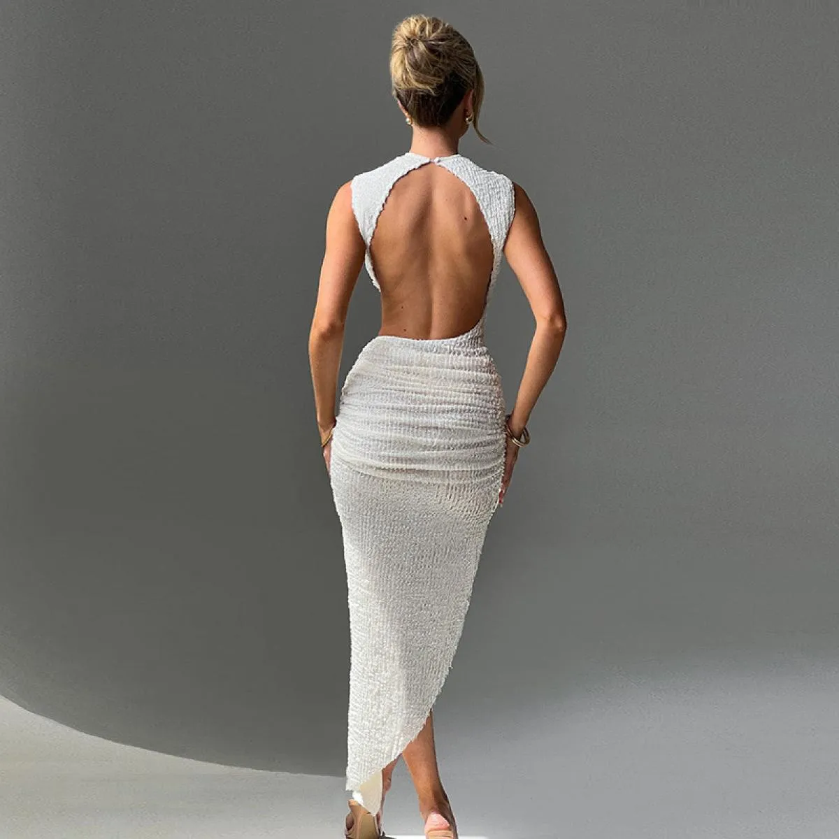 Abito da sera maxi da sera senza schienale scollato nero per donna Abiti slim aderenti senza maniche Abito lungo con spacco alto