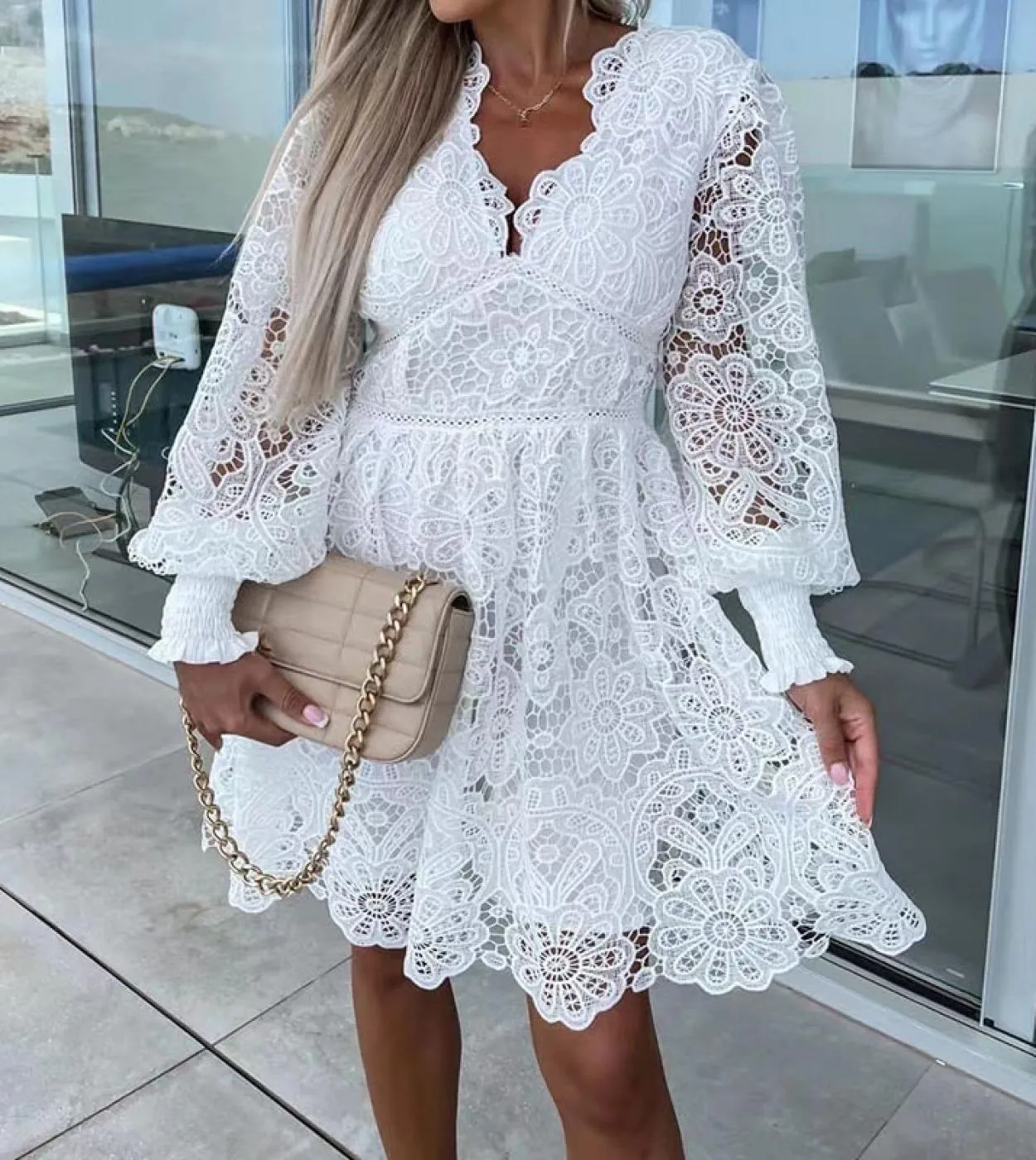 Abito da sera solido in pizzo ricamato Abito da donna casual a maniche lunghe con scollo a V a vita alta Elegante scollo a V pro