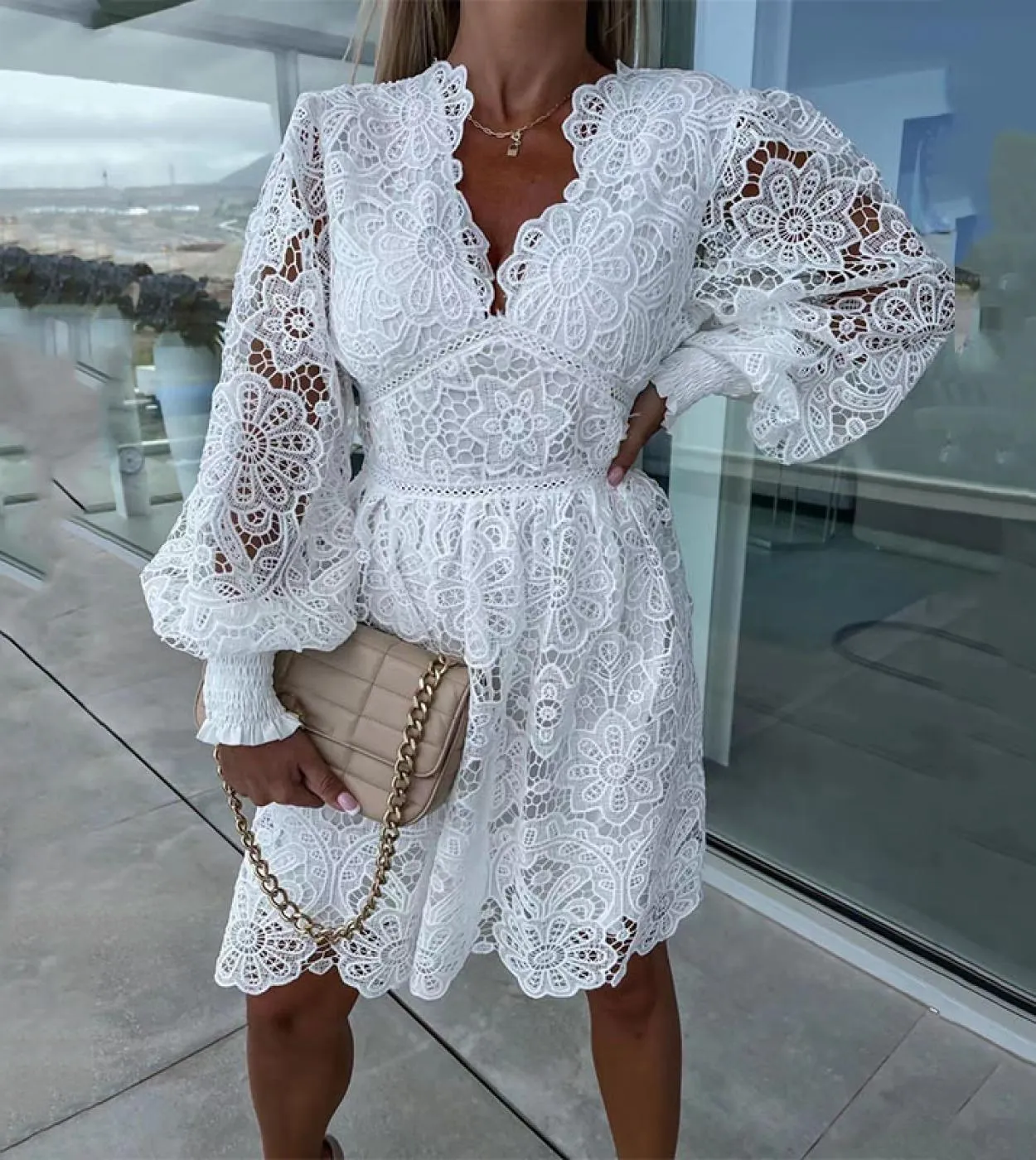 Abito da sera solido in pizzo ricamato Abito da donna casual a maniche lunghe con scollo a V a vita alta Elegante scollo a V pro