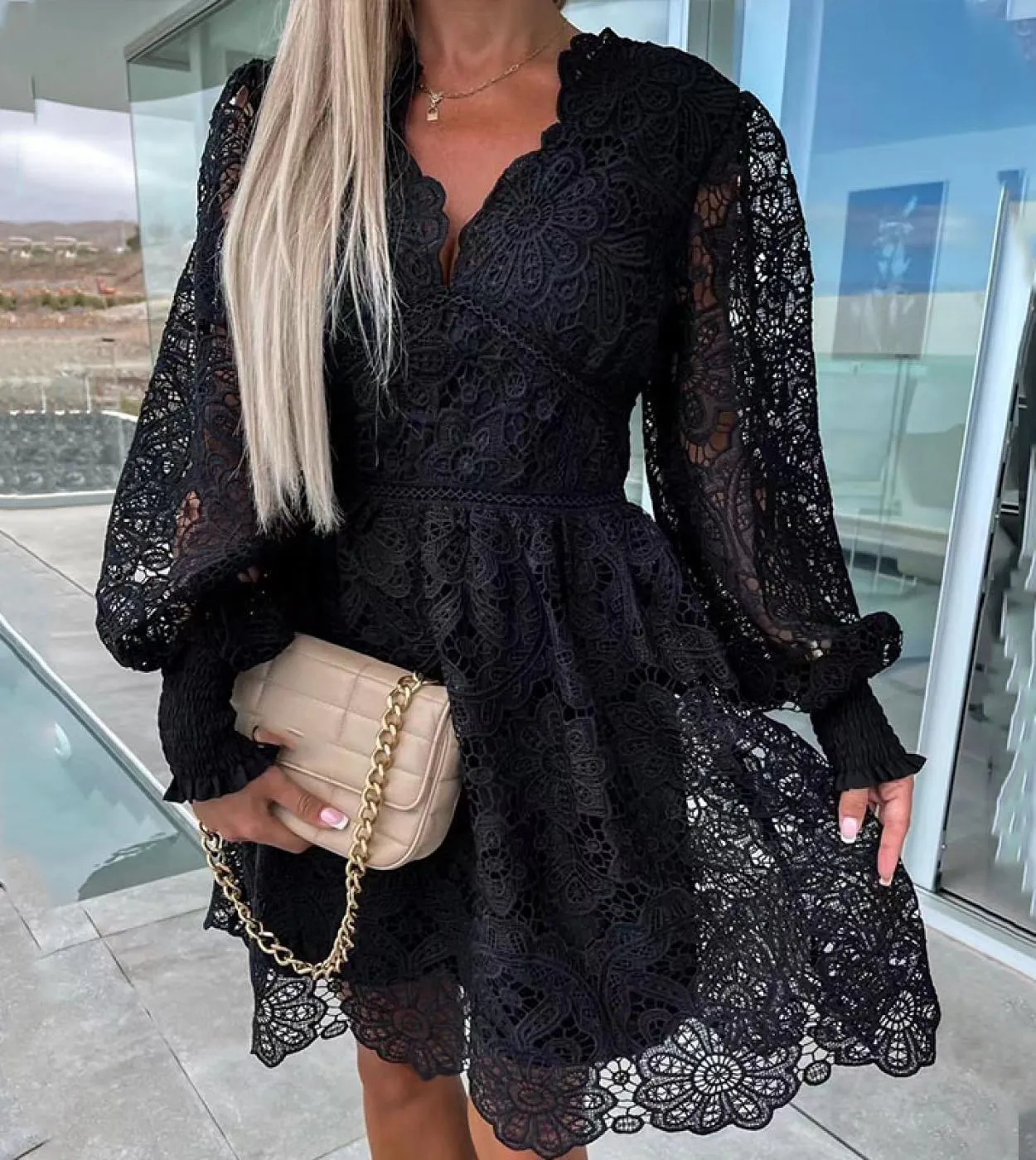 Abito da sera solido in pizzo ricamato Abito da donna casual a maniche lunghe con scollo a V a vita alta Elegante scollo a V pro