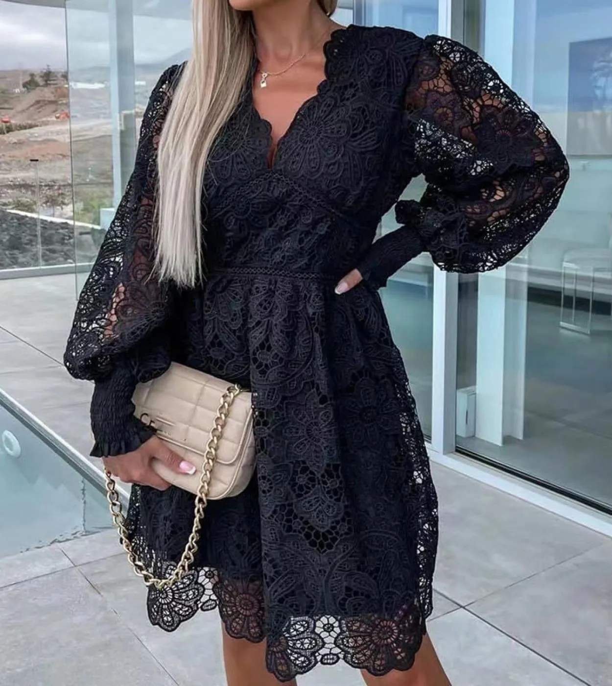 Abito da sera solido in pizzo ricamato Abito da donna casual a maniche lunghe con scollo a V a vita alta Elegante scollo a V pro
