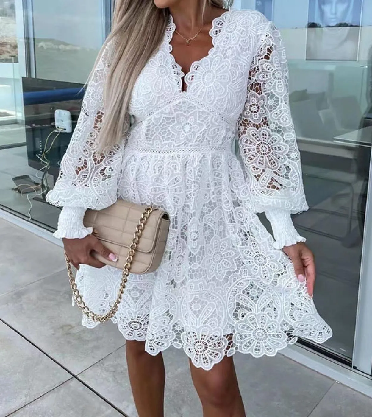 Abito da sera solido in pizzo ricamato Abito da donna casual a maniche lunghe con scollo a V a vita alta Elegante scollo a V pro