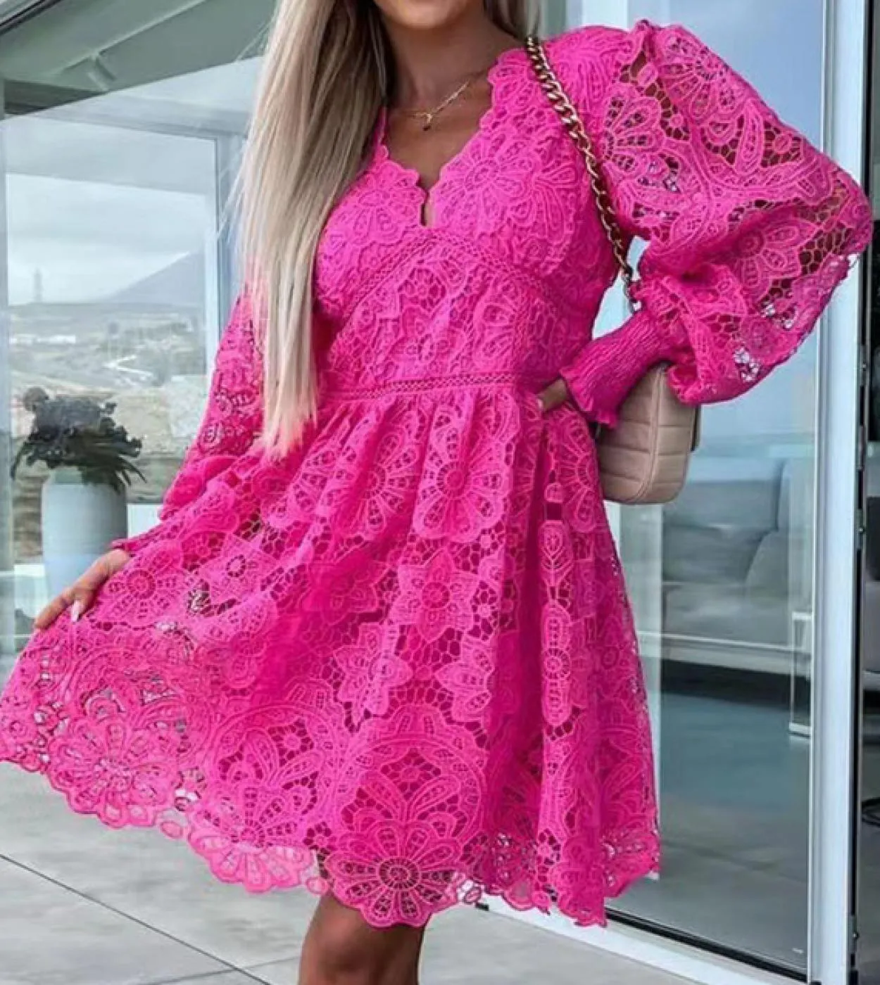 Abito da sera solido in pizzo ricamato Abito da donna casual a maniche lunghe con scollo a V a vita alta Elegante scollo a V pro