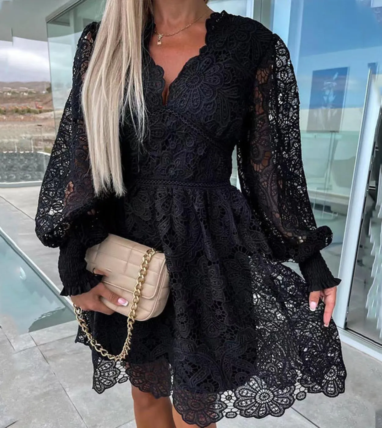 Abito da sera solido in pizzo ricamato Abito da donna casual a maniche lunghe con scollo a V a vita alta Elegante scollo a V pro