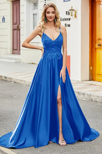 Blu Reale A Line Spalline sottili Abito da ballo lungo senza schienale con applicazioni