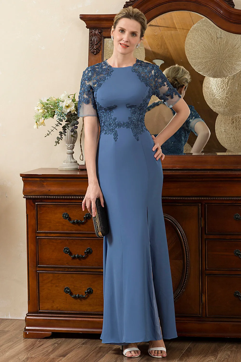 Blue Mermaid Open Back Mother of the Bride Dress con spacco
