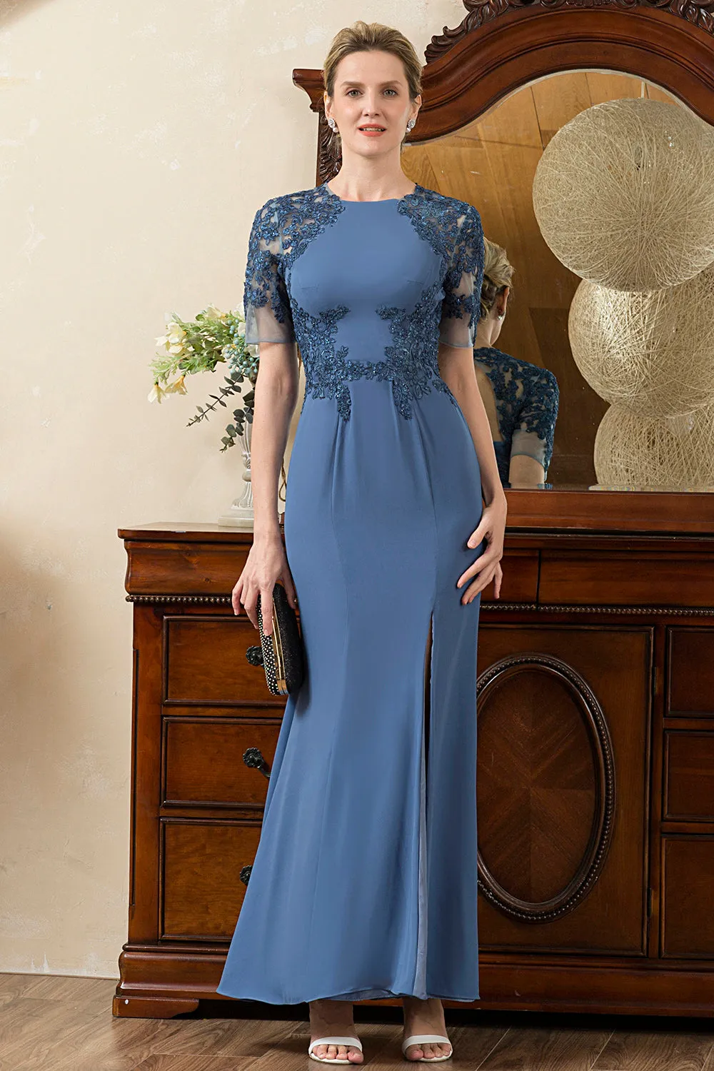 Blue Mermaid Open Back Mother of the Bride Dress con spacco