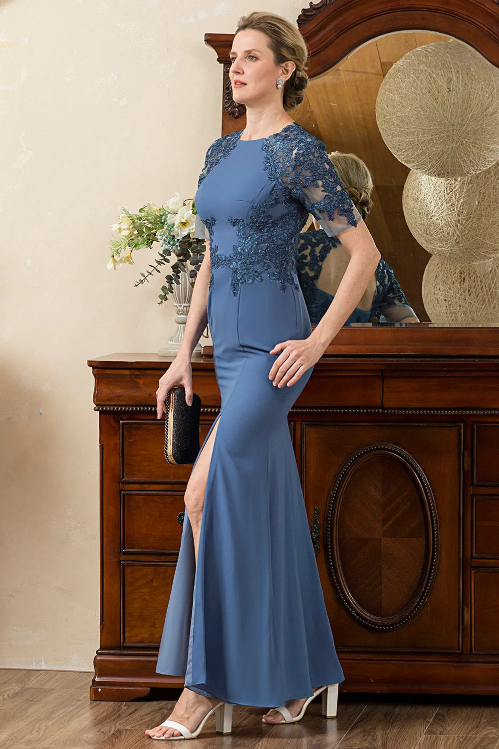 Blue Mermaid Open Back Mother of the Bride Dress con spacco