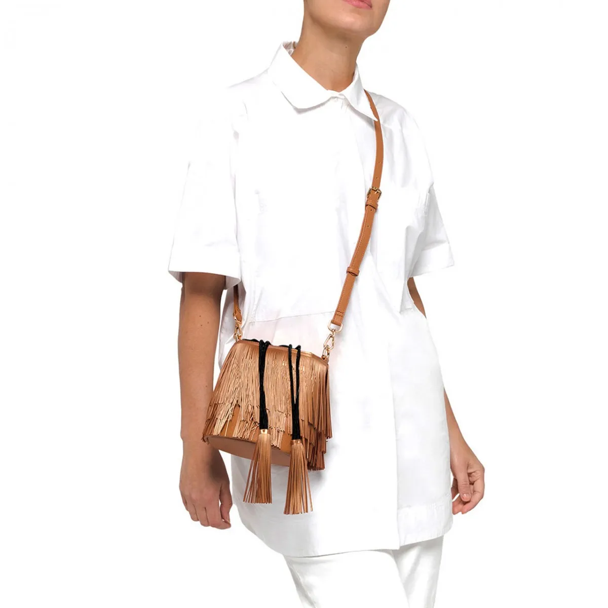 Borsa Bucket Con Frangia, Marrone