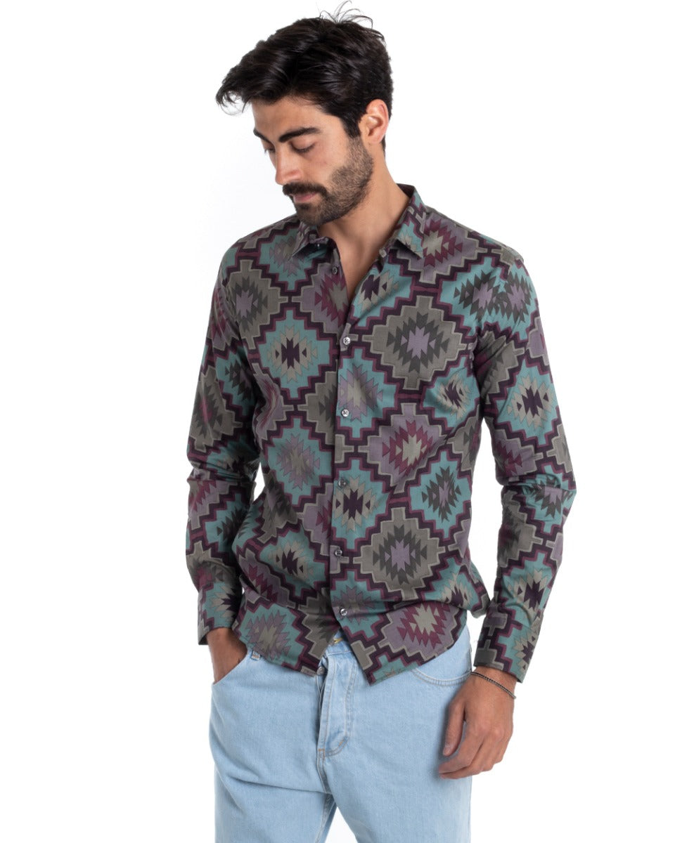 Camicia Uomo Con Colletto Manica Lunga Regular Fit Fantasia Geometrica GIOSAL-C2432A