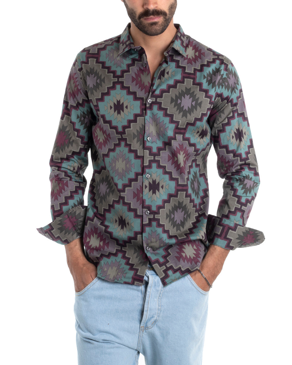 Camicia Uomo Con Colletto Manica Lunga Regular Fit Fantasia Geometrica GIOSAL-C2432A