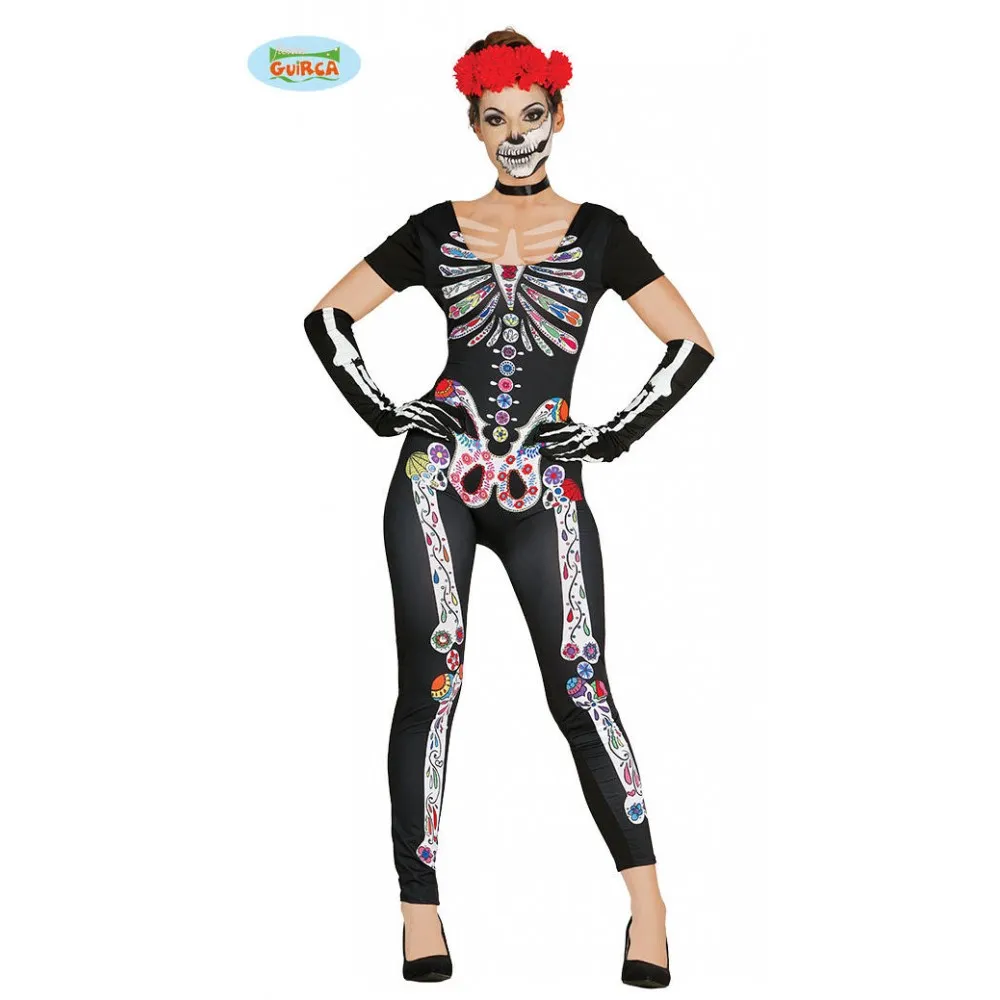 Costume Tuta Scheletro Ossa Teschio Donna Colorato Tutina Adulto