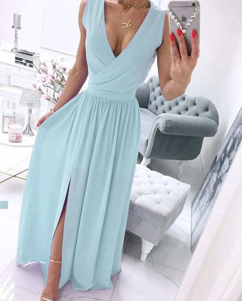 Elegante abito da donna estivo senza maniche con scollo a V Abito lungo plissettato solido da donna Temperamento Abiti in chiffo