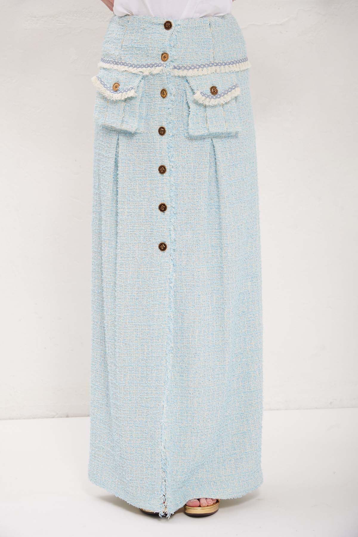 ELISABETTA FRANCHI Gonna lunga in tweed sfrangiato