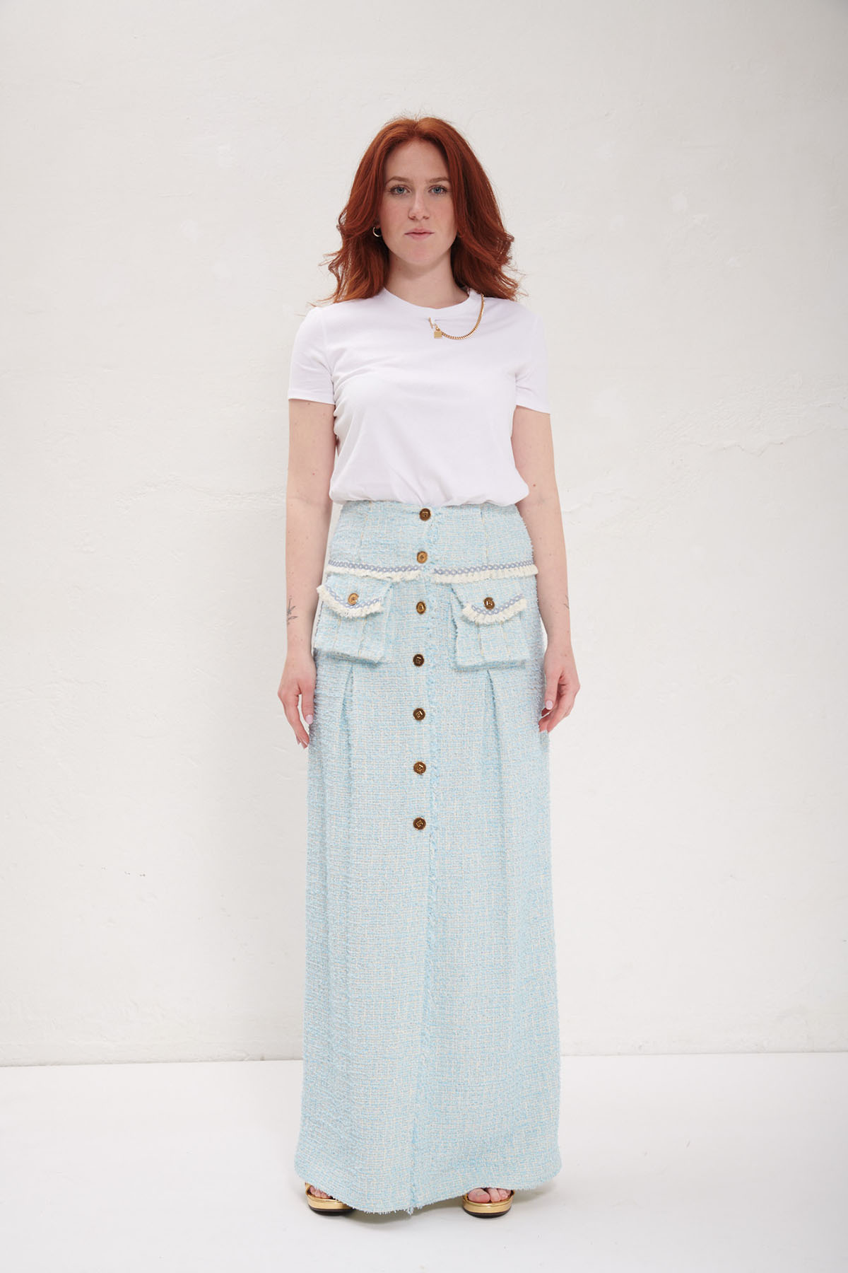 ELISABETTA FRANCHI Gonna lunga in tweed sfrangiato