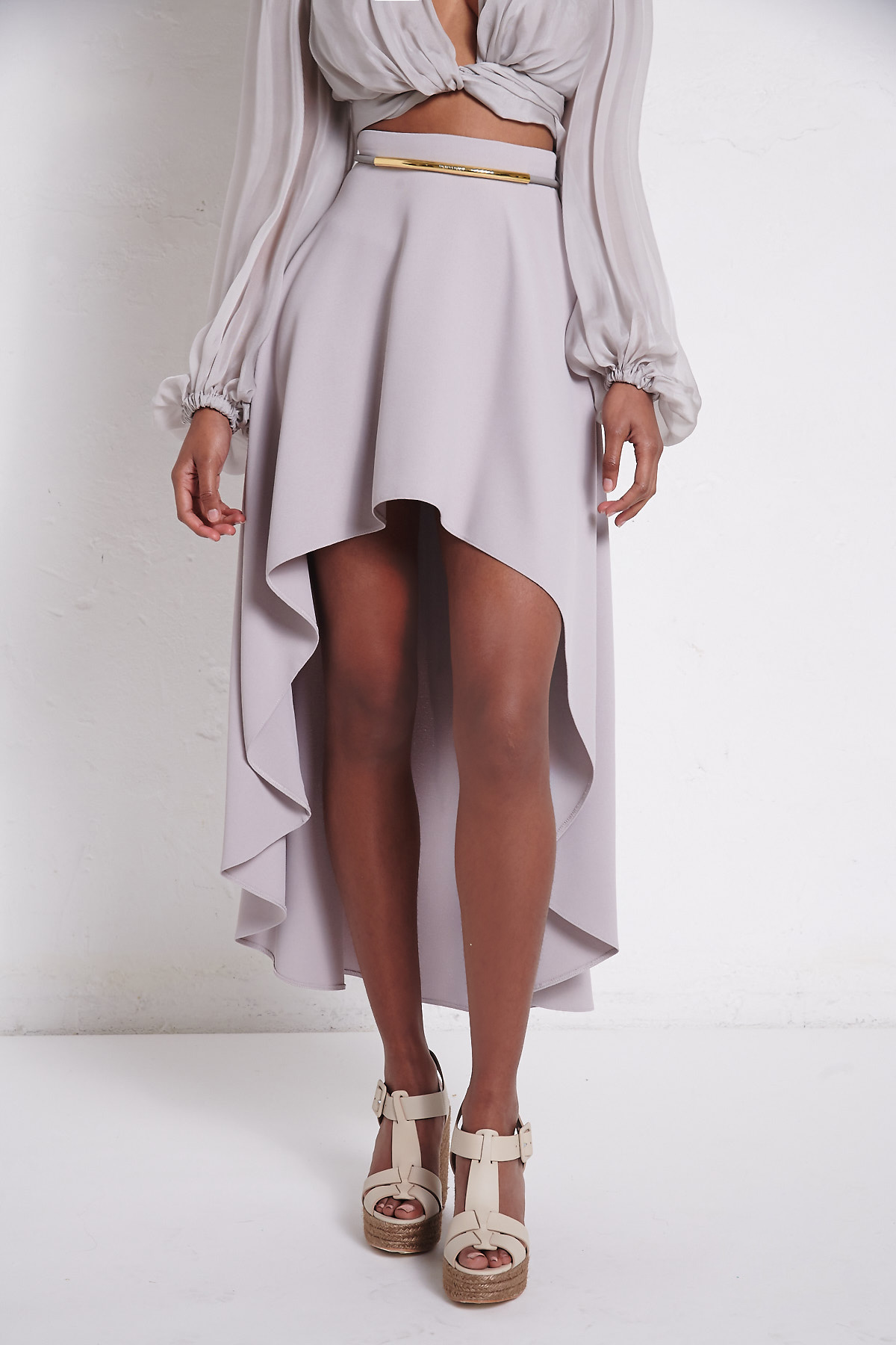 ELISABETTA FRANCHI Gonna midi’ asimmetrica in crèpe  grigio perla