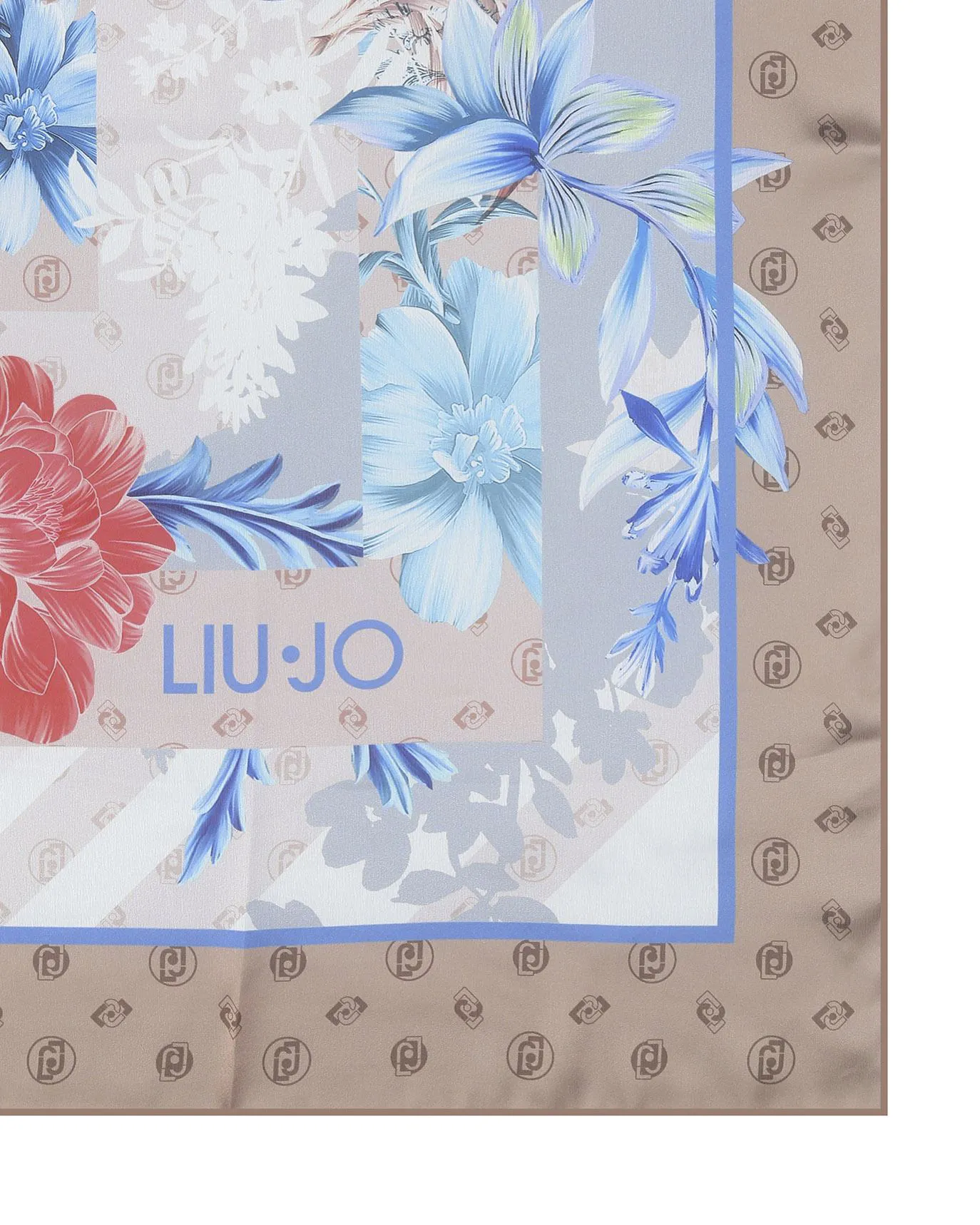 Foulard beige in twill a fantasia tropical azzurra e rossa con riquadro a motivo monogram