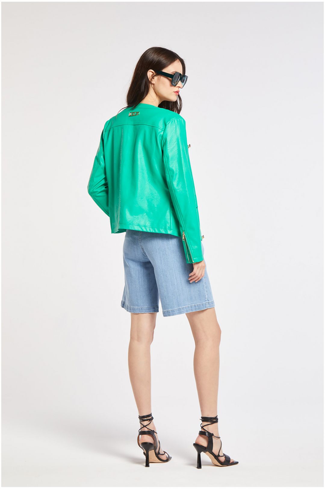 giacca girocollo in similpelle con bottoni menta