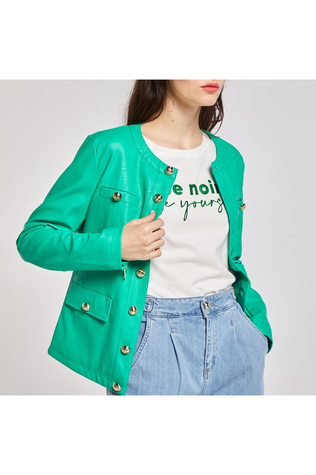 giacca girocollo in similpelle con bottoni menta