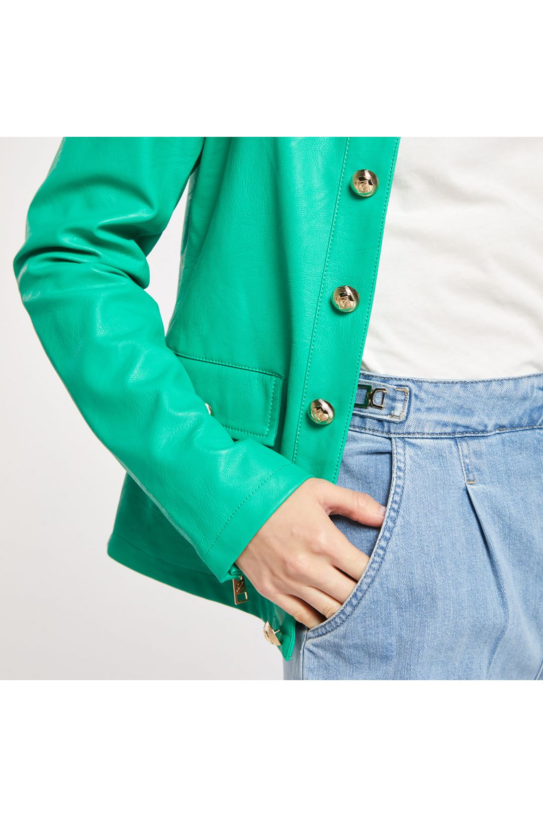 giacca girocollo in similpelle con bottoni menta