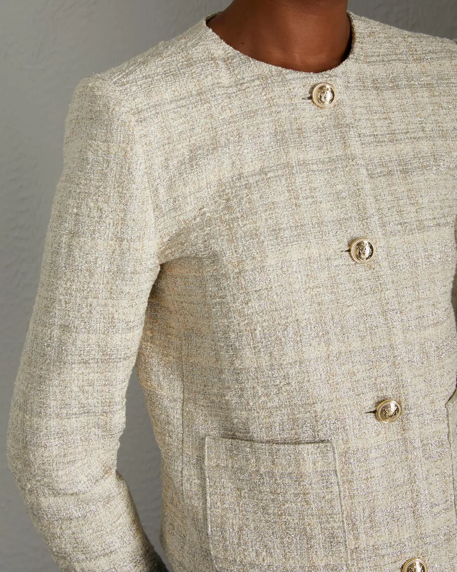 Giacca in stuoia di viscosa e cotone beige con inserti in lurex argento