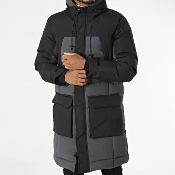 Giacca lunga con cappuccio grigio nero