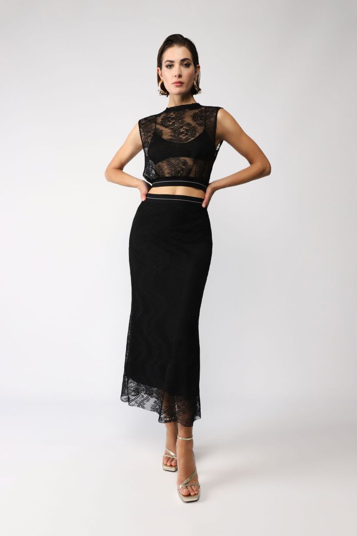 Gonna midi monocolour effetto pizzo