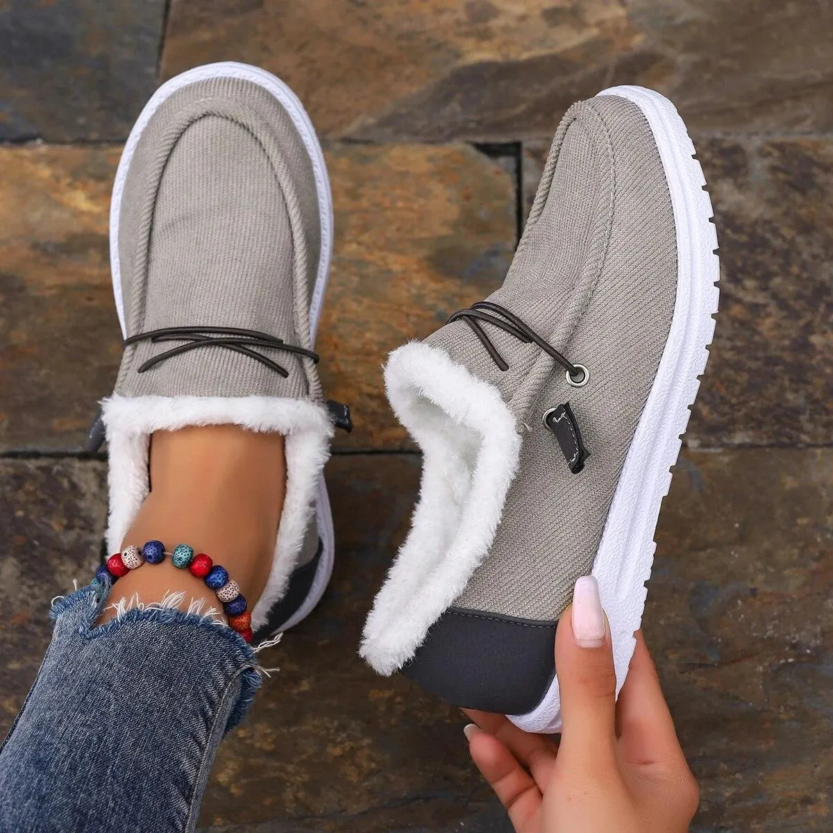 Inverno Nuove Scarpe da Donna Stringate in Tela Tacco Piatto Scarpe Casual in Cotone da Donna Più Velluto Scarpe Calde da Donna