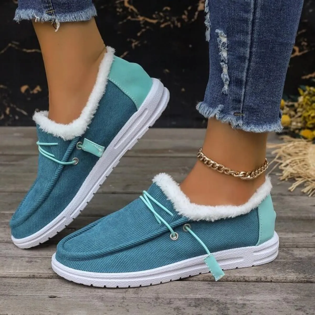 Inverno Nuove Scarpe da Donna Stringate in Tela Tacco Piatto Scarpe Casual in Cotone da Donna Più Velluto Scarpe Calde da Donna