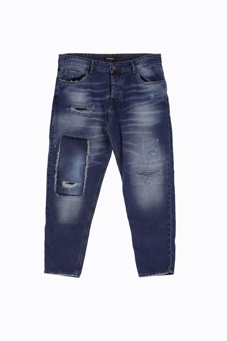 Jeans slim-fit effetto délavé con strappi