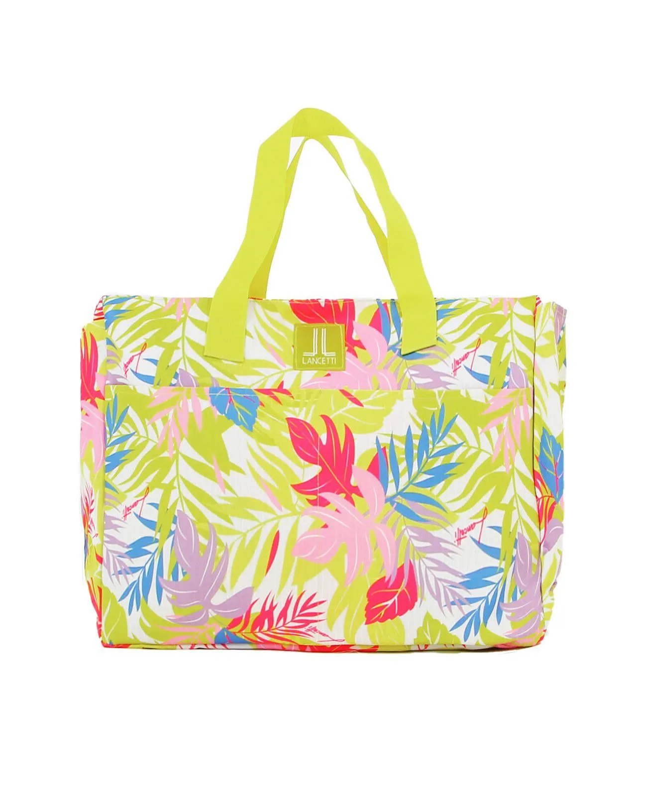 LANCETTI - BORSA MARE LIME CON FANTASIA TROPICALE CON TASCA DAVANTI E SUL LATERALE                                            Pr