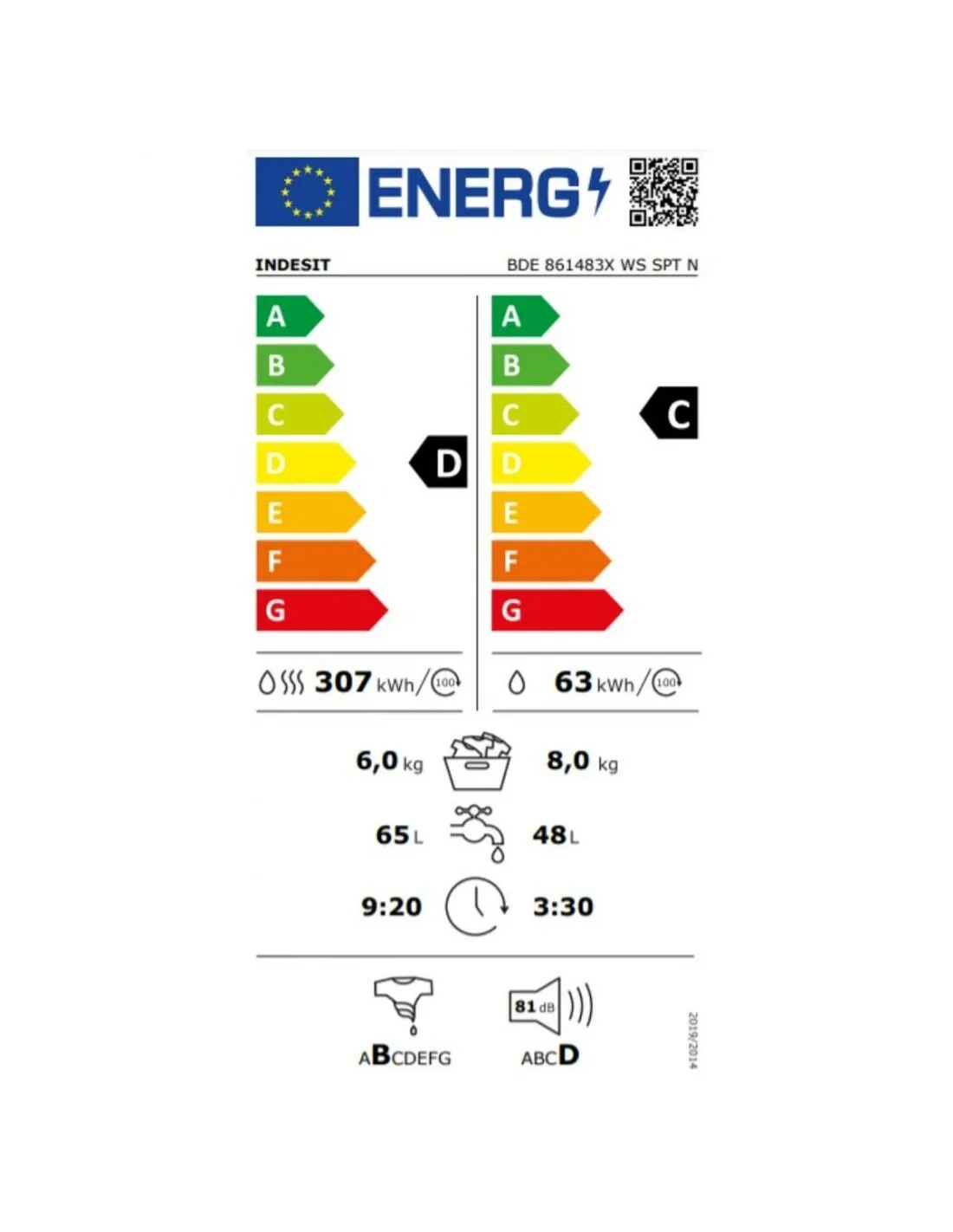 Lavatrice - Asciugatrice Indesit BDE861483XWSPTN 8kg / 6kg Bianco 1400 rpm