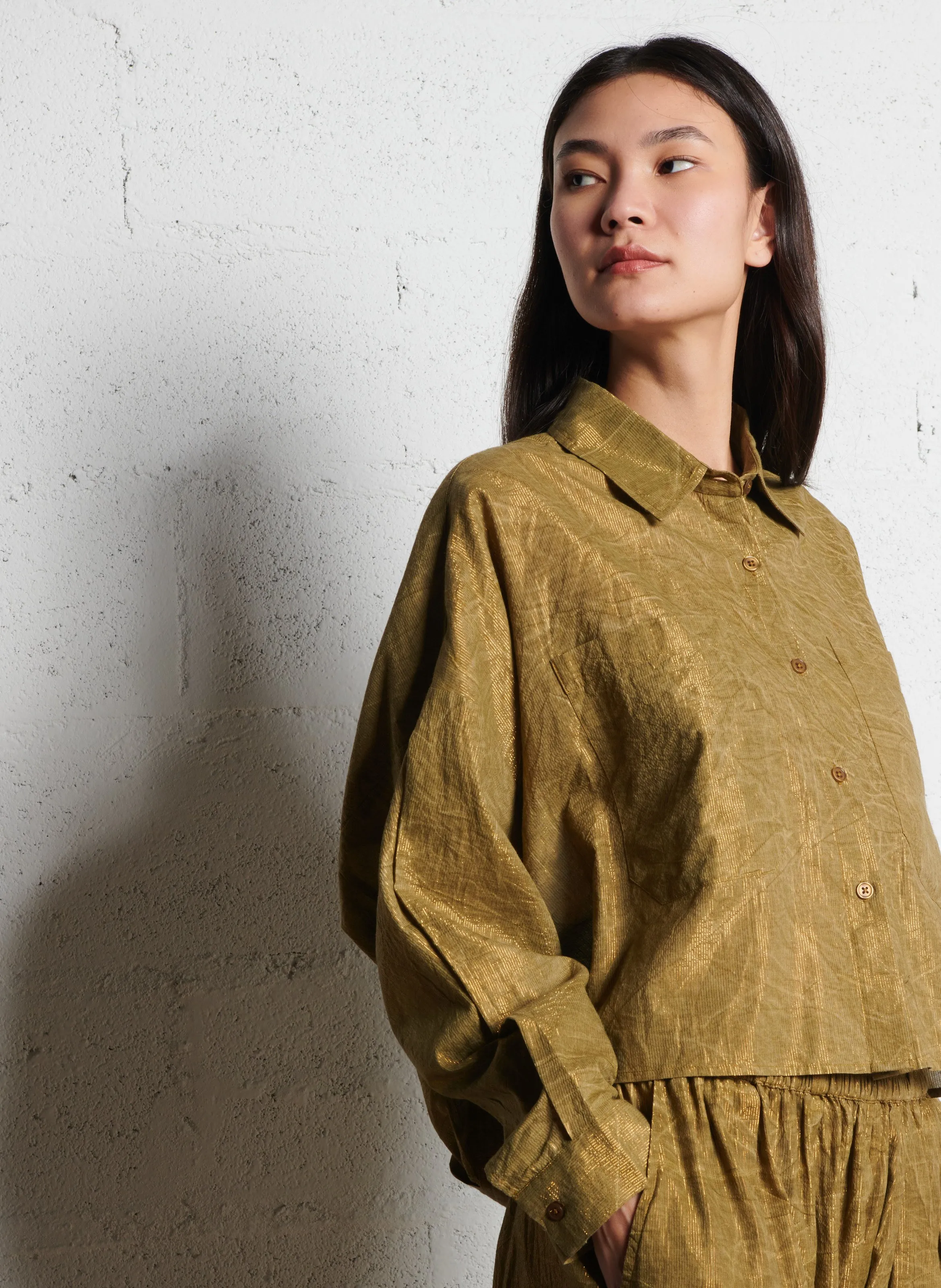  MES DEMOISELLES   DOMINI - Camicia corta oversize con colletto classico in misto cotone | Verde