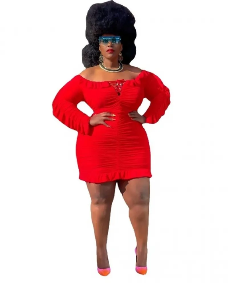 Mini abito con volant pieghettato a pieghe Party Club Night Abiti a maniche lunghe per donna con spalle scoperte Red Fashion Aut
