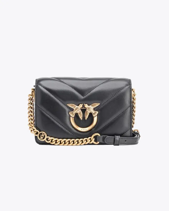 Mini Click Love Bag in pelle nera a motivo trapuntato big chevron con fibbia dorata Love Birds effetto cut out