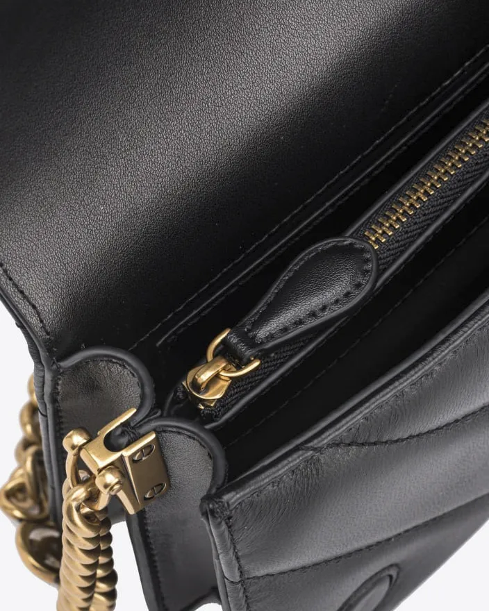 Mini Click Love Bag in pelle nera a motivo trapuntato big chevron con fibbia dorata Love Birds effetto cut out