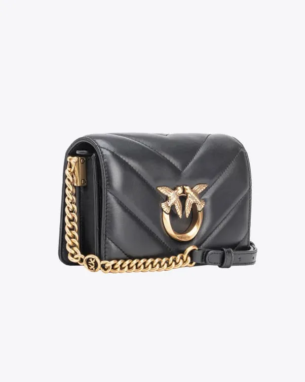 Mini Click Love Bag in pelle nera a motivo trapuntato big chevron con fibbia dorata Love Birds effetto cut out
