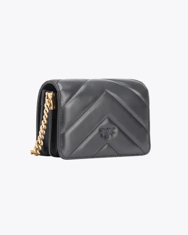 Mini Click Love Bag in pelle nera a motivo trapuntato big chevron con fibbia dorata Love Birds effetto cut out