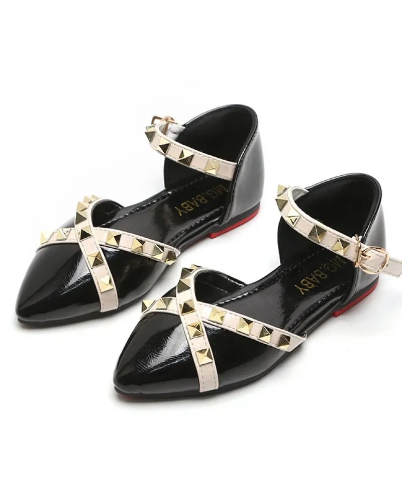 Moda per bambini Scarpe in pelle con rivetti Scarpe da principessa per ragazze Scarpe piatte casual a punta