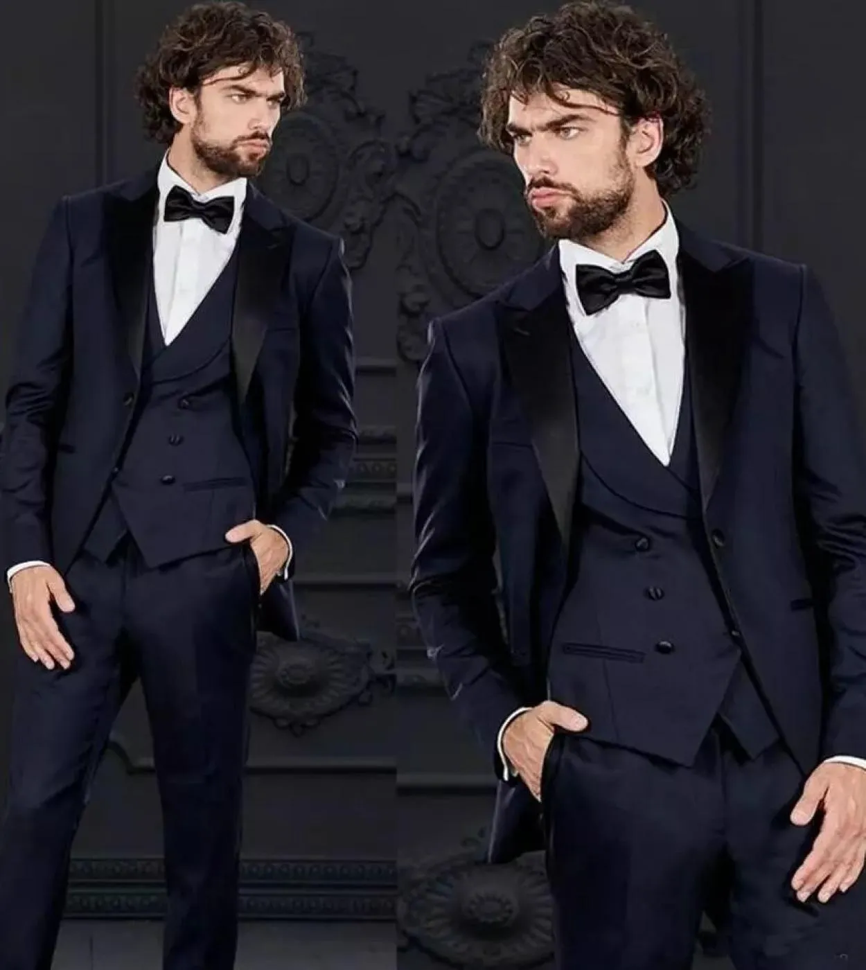 Nuovo Arrivo Blu Scuro Abiti Da Uomo Gilet Doppio Petto Risvolto a Picco Slim Fit Blazer Smoking Dello Sposo Matrimonio Terno Ma