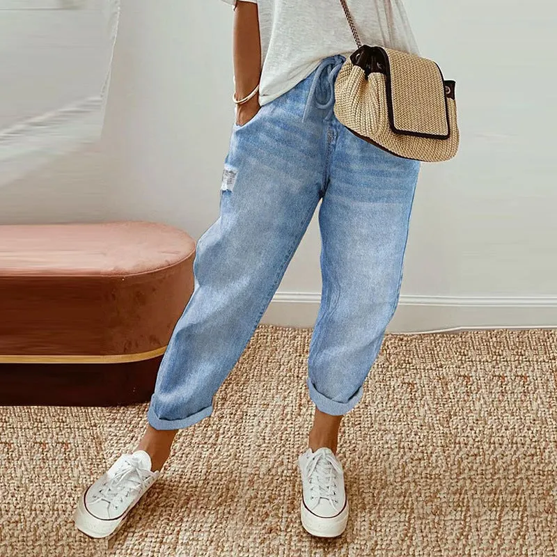 Pantalone jeans denim effetto lavato cropped con coulisse da donna