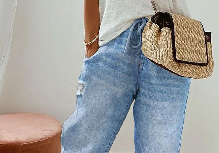 Pantalone jeans denim effetto lavato cropped con coulisse da donna