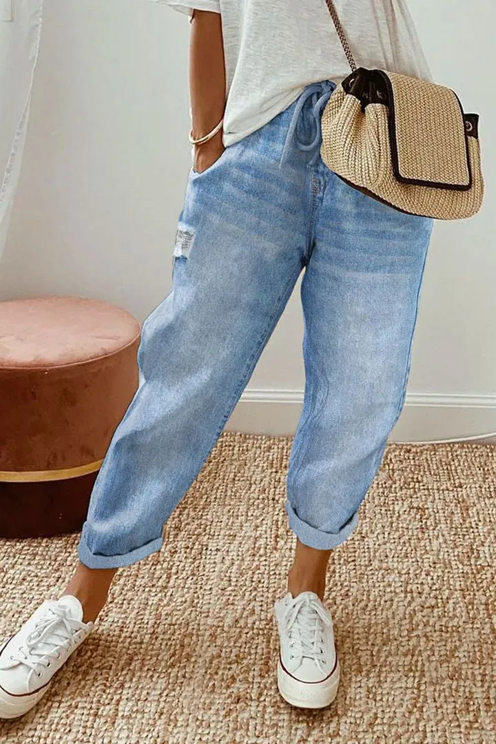 Pantalone jeans denim effetto lavato cropped con coulisse da donna