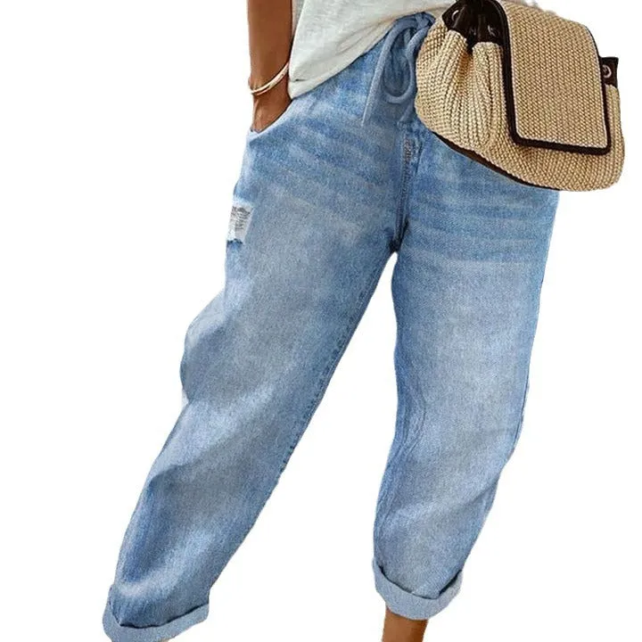 Pantalone jeans denim effetto lavato cropped con coulisse da donna