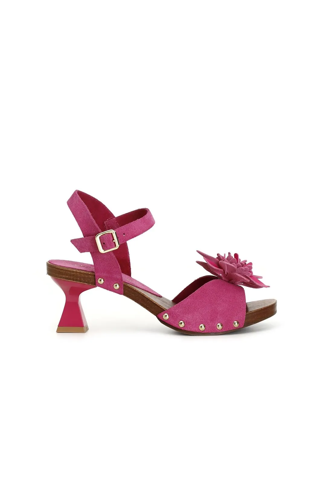 sandali in pelle scamosciata con fiore 3d e cinturino alla caviglia fuxia